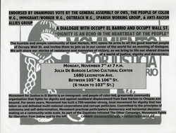 Event flyer for a dialogue between Occupy El Barrio and Occupy Wall Street